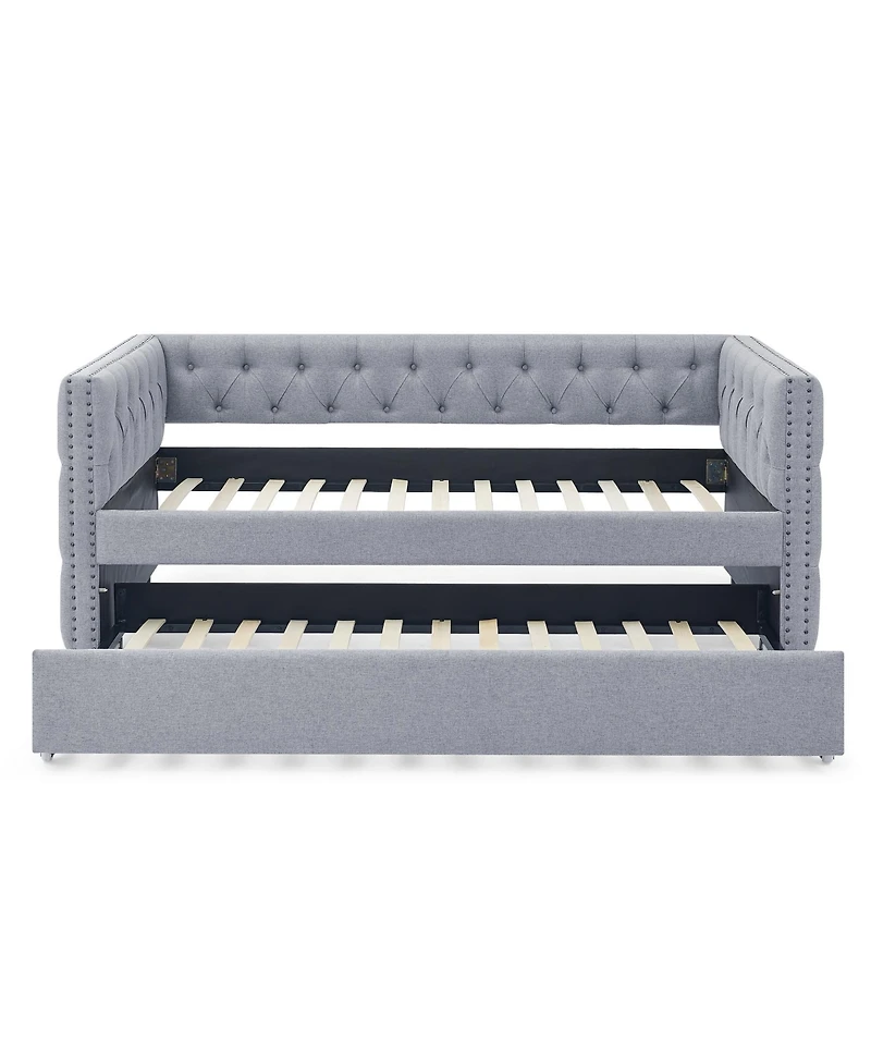 Lovmor Daybed with Trundle, Twin Size, Upholstered Tufted Sofa Bed with Button & Copper Nail Accents on Square Arms