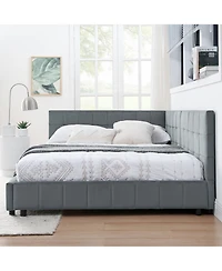 Lovmor Full Size Upholstered Tufted Bed Frame Sofa Bed Frame with Comfortable Backrest and Armrests Full Size Bed Velvet Grey