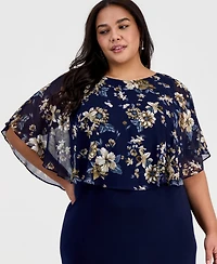 Connected Plus Floral- Chiffon Cape-Overlay Dress