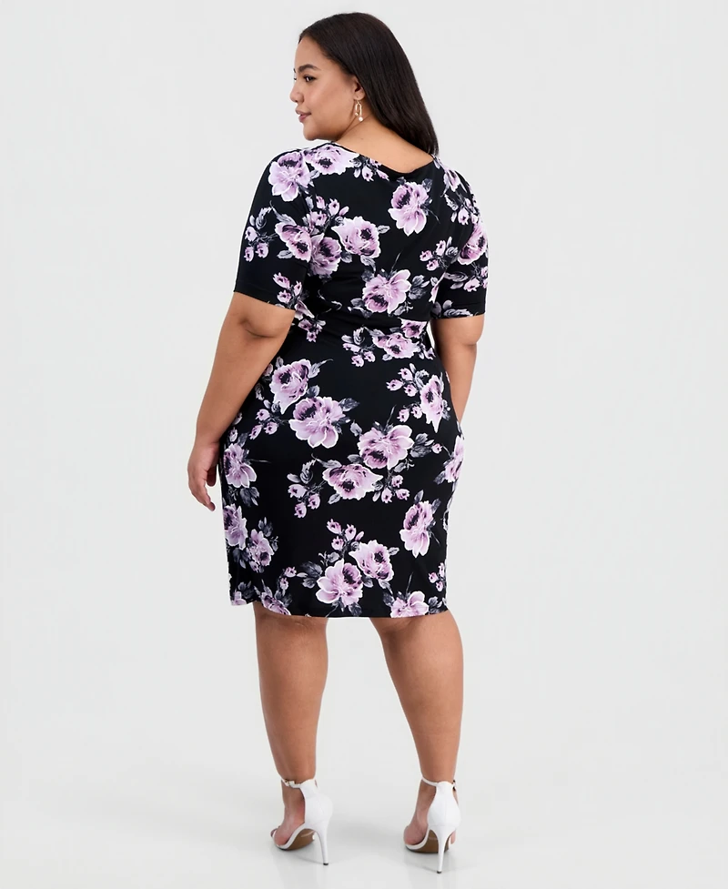 Connected Plus Floral Twist-Front Elbow-Sleeve Dress