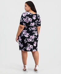Connected Plus Floral Twist-Front Elbow-Sleeve Dress