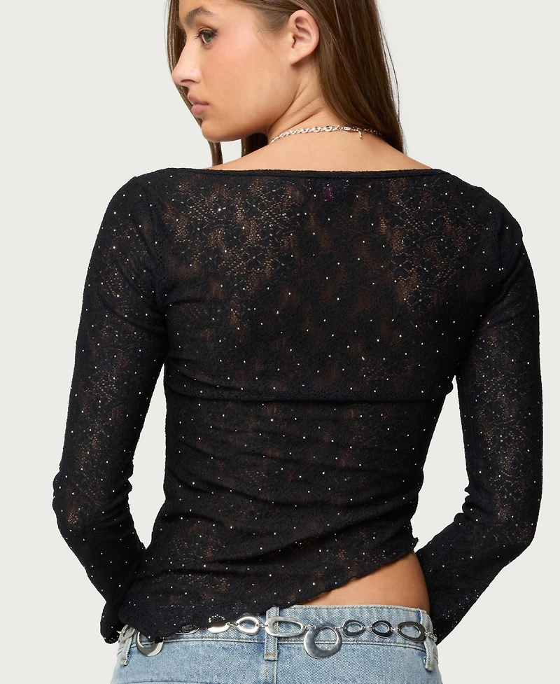 Edikted Women's Mare Asymmetric Gem Sheer Lace Top