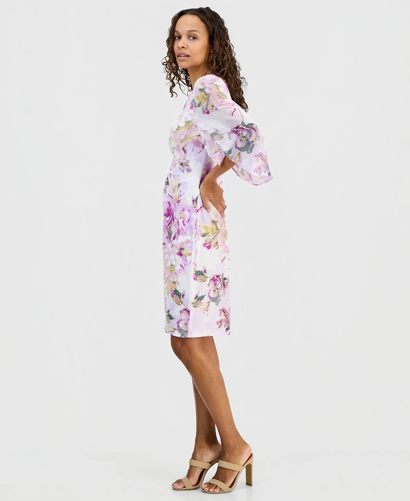 Connected Petite Floral Gathered-Front Cape-Sleeve Dress