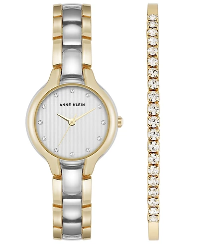 Anne Klein Women's Quartz Two-Tone Metal Alloy and Dail Crystal Accented Watch Set, 28mm