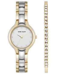 Anne Klein Women's Quartz Two-Tone Metal Alloy and Dail Crystal Accented Watch Set, 28mm