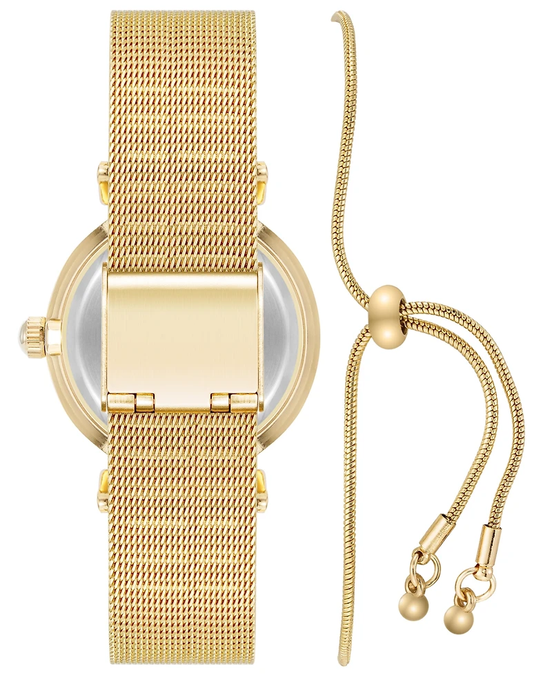 Anne Klein Women's Quartz Round Gold-Tone Stainless Steel Mesh Watch Set, 32mm