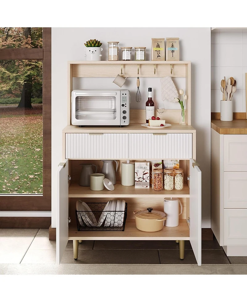 gaomon Fluted Sideboard Buffet Cabinet with Storage, Adjustable Shelves & 2 Drawers, Wood Console Table for Kitchen, Dining, Living Room, Natural