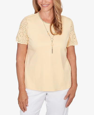 Alfred Dunner Petite Classic Solid Eyelet Sleeve Top with Necklace
