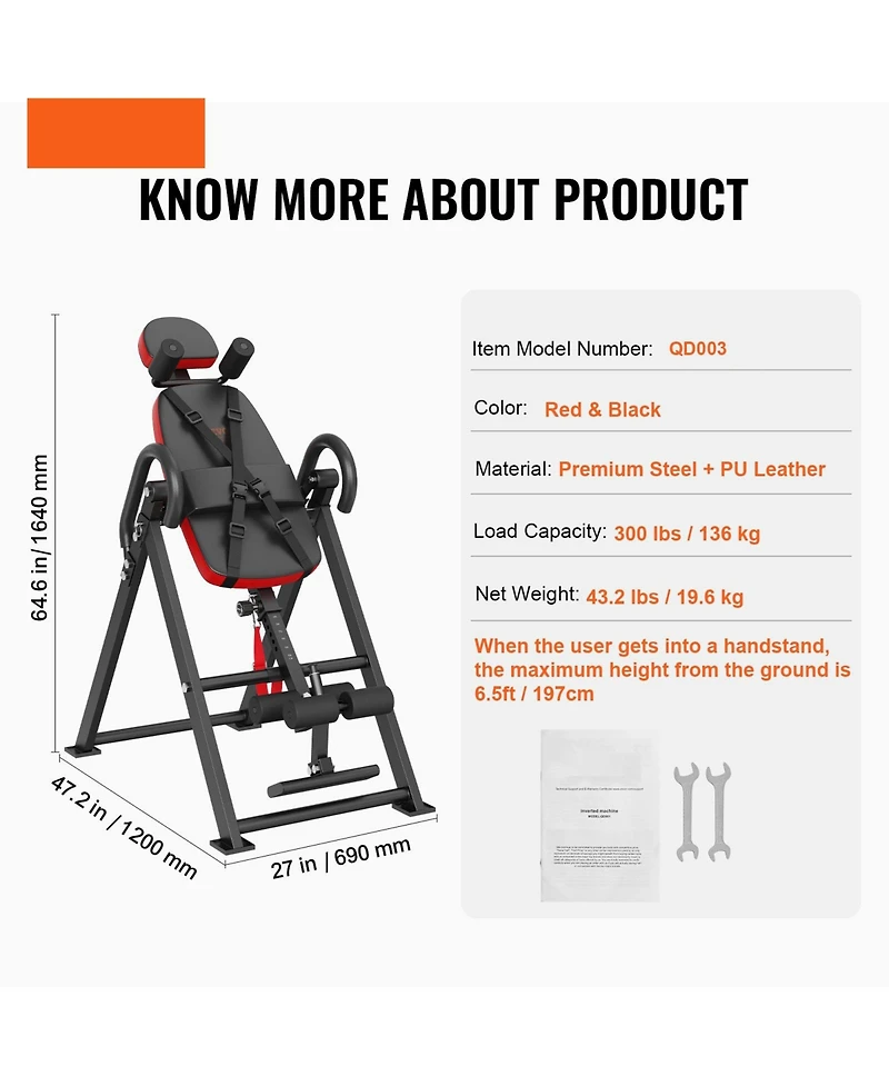 Sugfit Heavy Duty Inversion Table 300 Lb Capacity Back Stretcher with Headrest Red Black