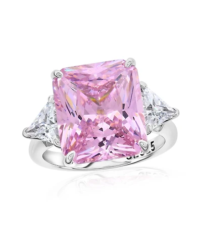 Suzy Levian New York Gala Collection Sterling Silver Large Firework Emerald-Cut Cubic Zirconia Trillion Accent 3-Stone Ring
