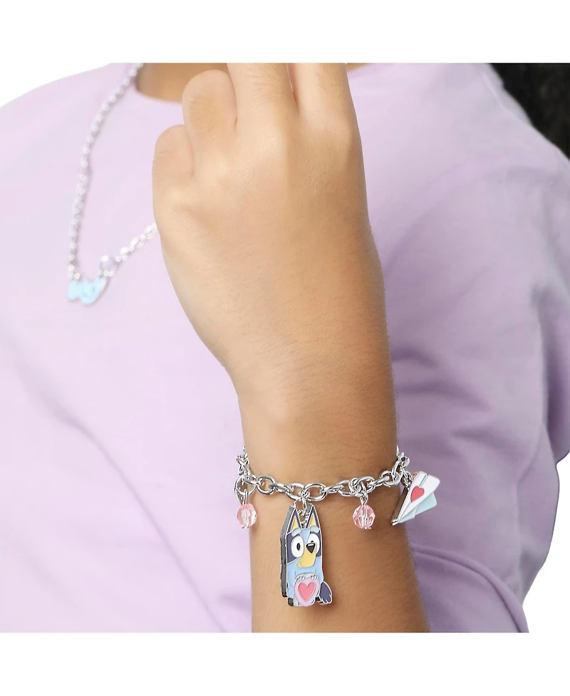 Bluey Charm Bracelet, Silver-Tone, Heart & Love Letter Charms