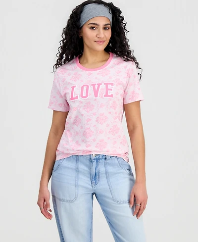 Rebellious One Juniors' Love Printed Floral T-Shirt