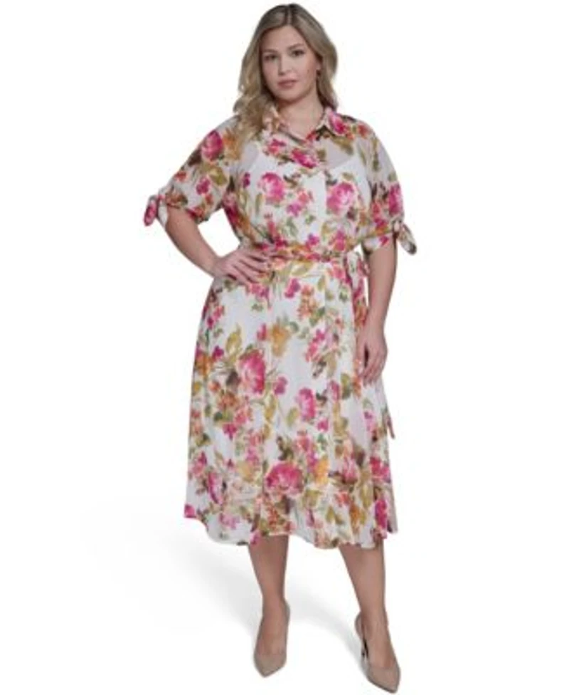 Calvin Klein Womens Tie Sleeve Printed Midi Dress