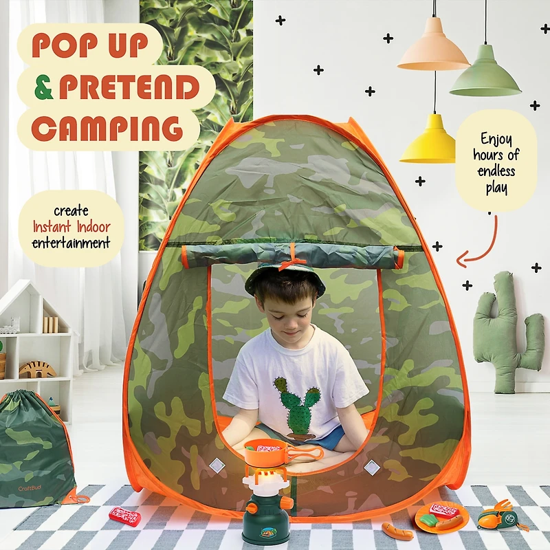 Clara Clark 17 Piece Kids Camping Play Set - with Pop Up Tent, Campfire and Camping Toys - for Indoor and Outdoor Pretend Play