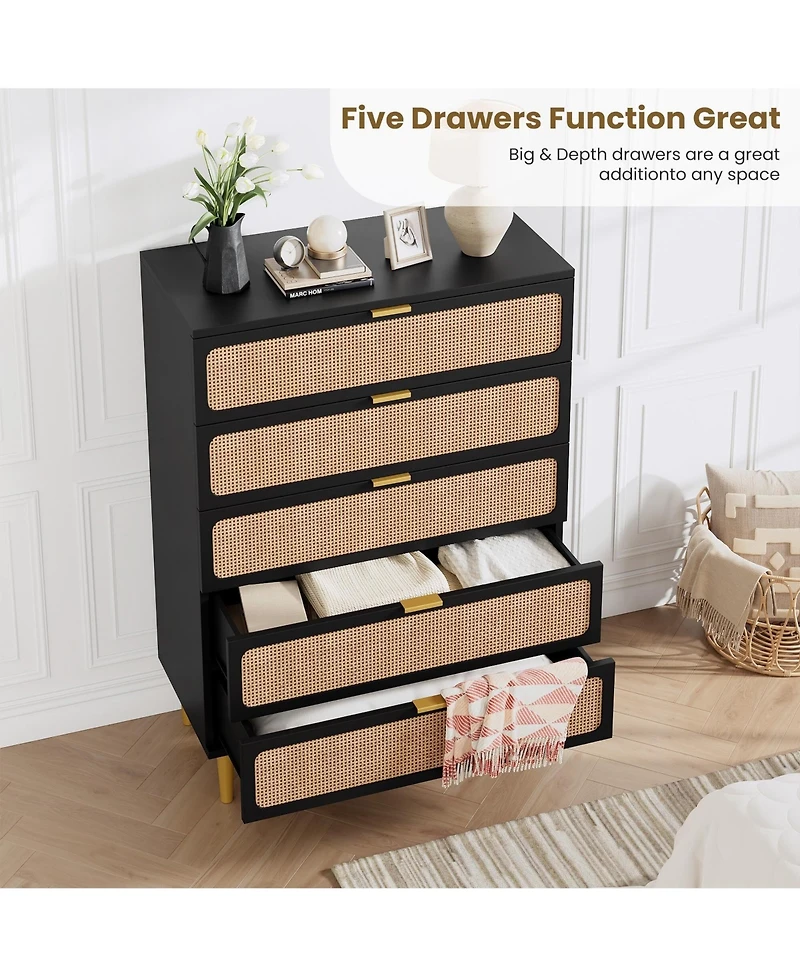 gaomon Rattan Dresser with 5 Drawers, Tall Modern Closet with Deep Storage