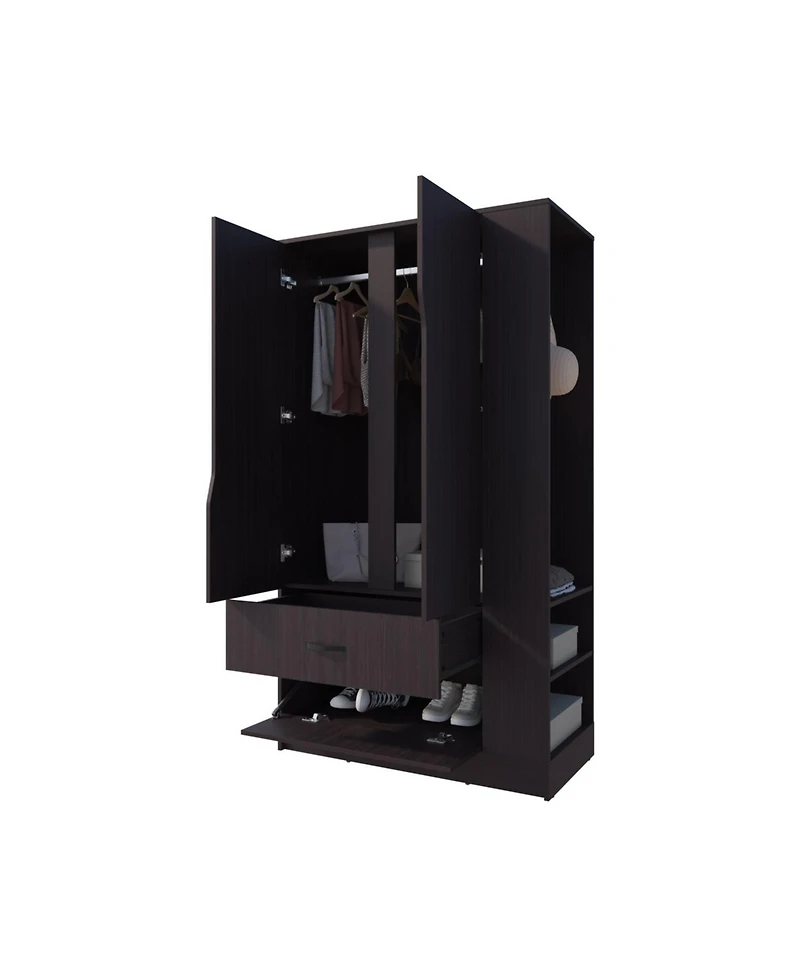 Fm Furniture Sehili 3-Door Wardrobe with Drawer, Side Shelves & Hanging Rods, Contemporary Wenge Finish