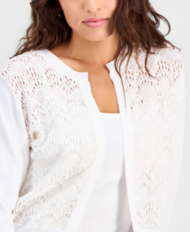 Robbie Bee Petite Crochet Open-Front Long-Sleeve Shrug