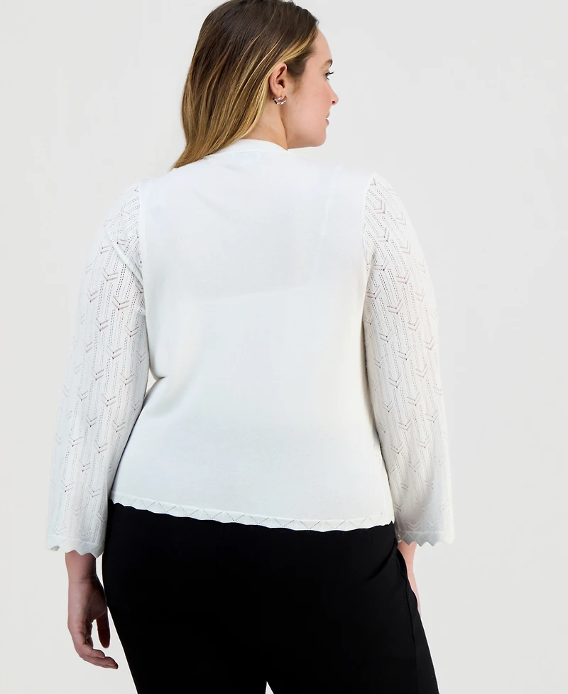 Robbie Bee Plus Pointelle-Pattern Open-Front Shrug