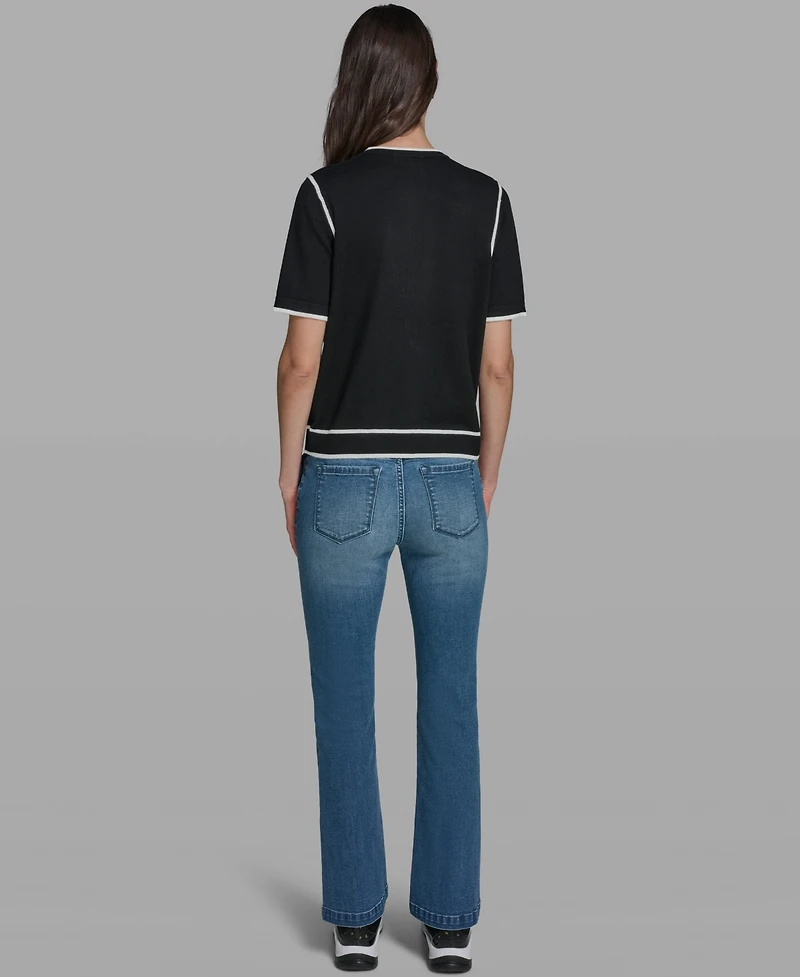 Karl Lagerfeld Paris Petite Short-Sleeve Tipped Sweater