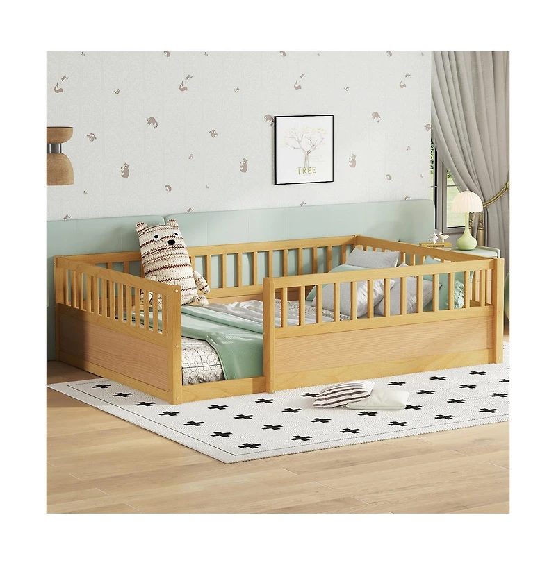 Cesicia Montessori Wooden Floor Bed with Safety Fence Kids Low Profile Play Bed Frame for Bedroom & Playroom