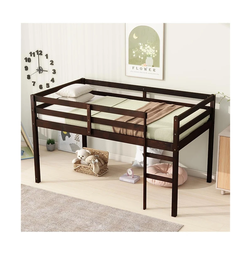 Cesicia Twin Loft Bed with Ladder Rubber Wood Platform Storage Space & Guardrails
