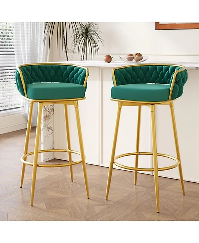 Streamdale Green Swivel Counter Height Bar Stools (Set of 2) with Hand-Woven Backrest & Gold Legs