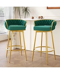 Streamdale Green Swivel Counter Height Bar Stools (Set of 2) with Hand-Woven Backrest & Gold Legs