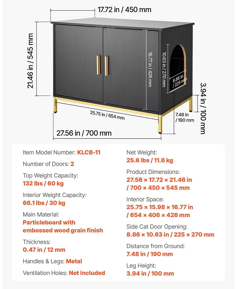 Cozito Modern Wooden Litter Box Enclosure with Metal Legs, 27.6
