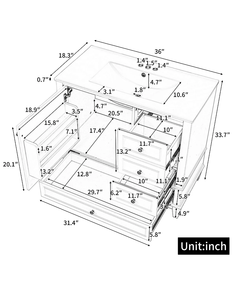 Cesicia 36 in. Freestanding Bathroom Vanity Cabinet with Ceramic Sink