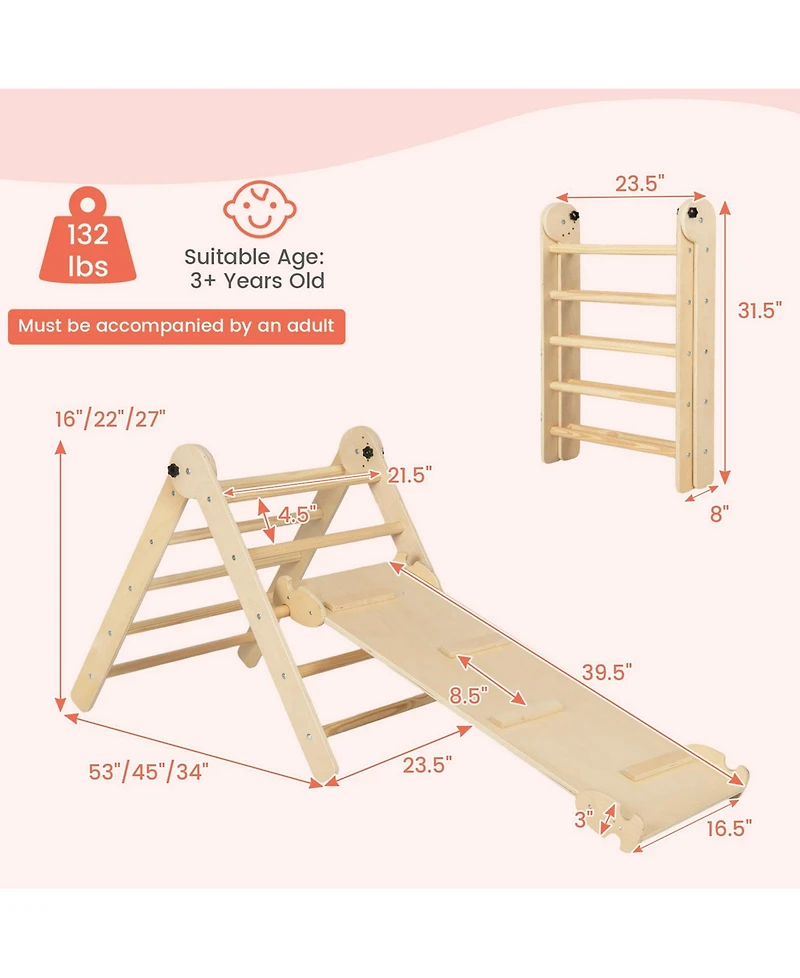 Sugift 3-in-1 Climbing Set Foldable and Adjustable Kids Triangle Set-Natural