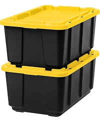 Iris Usa 27 Gallon Heavy Duty Truck Bed Toolbox Storage Tote Bins with Lids, Garage Organization, Black/Yellow, 2 Pk
