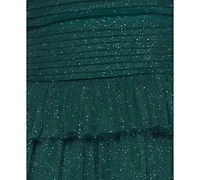 B Darlin Women's Strapless Side-Shirred Tiered Glitter Mini Dress