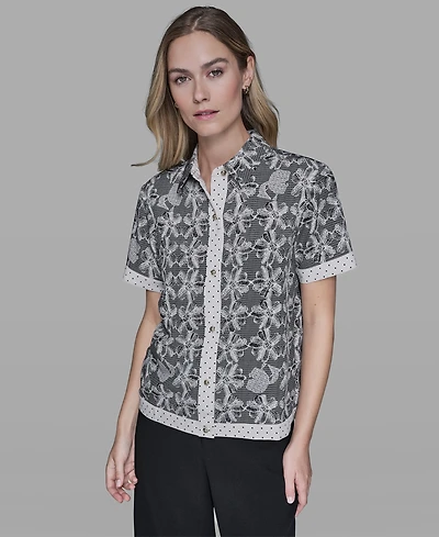 Karl Lagerfeld Paris Petite Printed Collared Camp Shirt