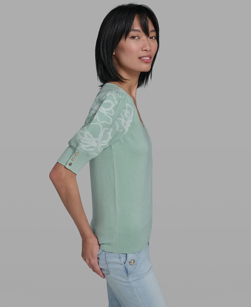 Karl Lagerfeld Paris Petite Floral Print V-Neck Sweater