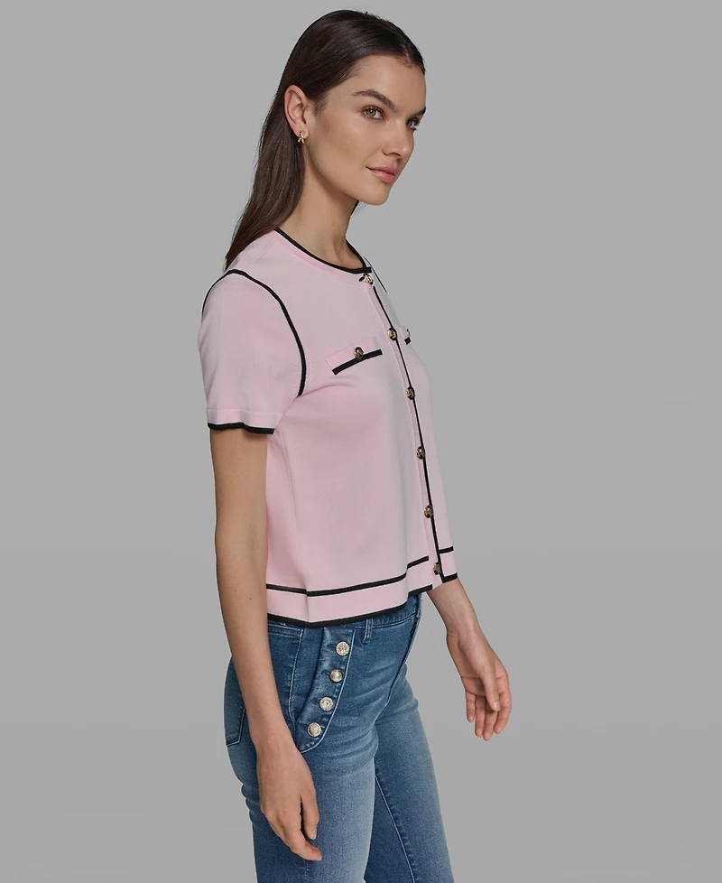 Karl Lagerfeld Paris Petite Short-Sleeve Tipped Sweater