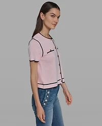 Karl Lagerfeld Paris Petite Short-Sleeve Tipped Sweater