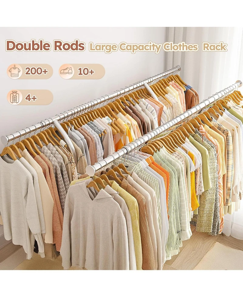 Raybee 74" W Heavy Duty Clothes Rack, Double Rods Clothing Rack Load 630 Lbs, Rolling Clothes Racks for Hanging Clothes 400+, Garment Rack