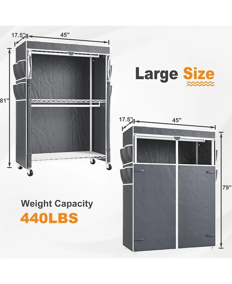 Raybee Heavy Duty Clothes Rack with Cover, 81" H Clothing Racks for Hanging Clothes, Portable Closet with Wheels and Adjustable Feet, Max Load