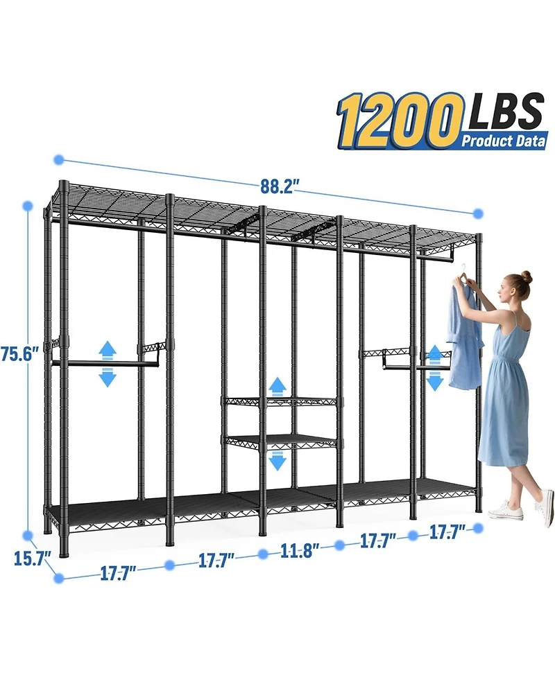 Raybee 88.2" W Clothes Rack Heavy Duty Clothing Racks for Hanging Clothes Extra Wide Portable Closet Loads Garment Rack for Bedroom
