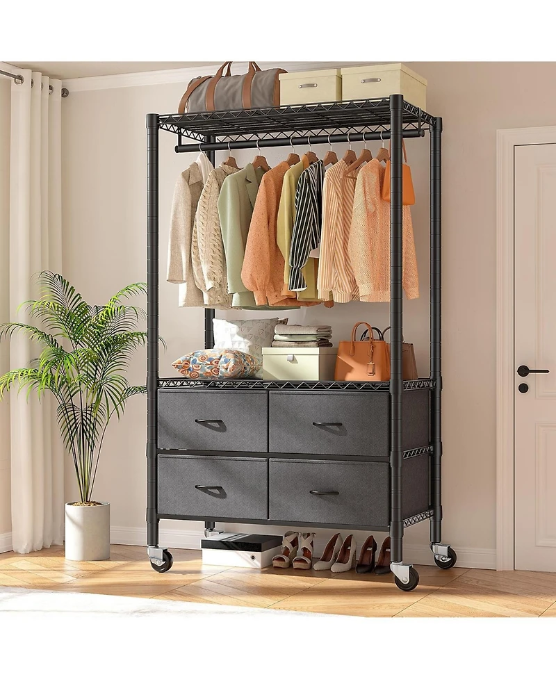 Raybee Clothes Rack Heavy Duty Clothing Rack with Rolling Wheels & 4 Drawers, Clothing Racks for Hanging Clothes with Drawers