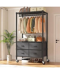 Raybee Clothes Rack Heavy Duty Clothing Rack with Rolling Wheels & 4 Drawers, Clothing Racks for Hanging Clothes with Drawers