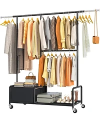 Raybee Clothes Racks for Hanging Clothes with Shelves, Adjustable Clothing Rack with Lockable Wheels, Multi-Functional Closet Rack