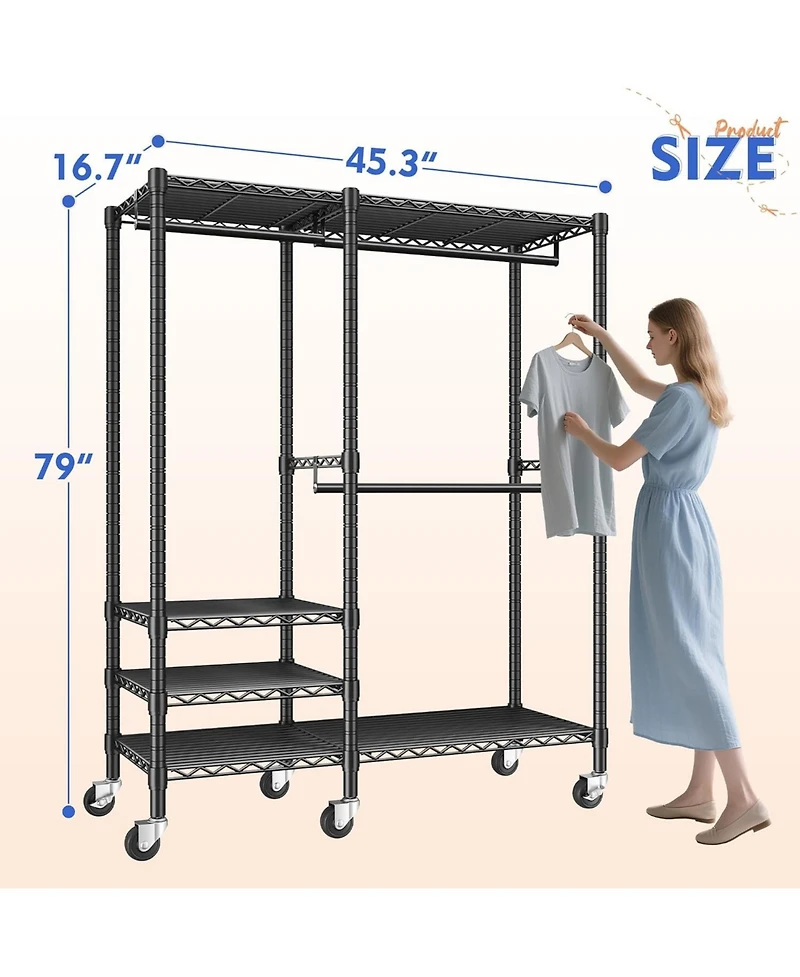 Raybee 79" H Clothes Rack, Clothing Racks for Hanging Clothes, Portable Closet with Wheels and 4 Tiers Adjustable Shelves