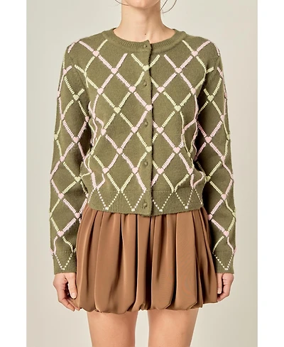 English Factory Women's Diamond Heart Pattern Knit Cardigan