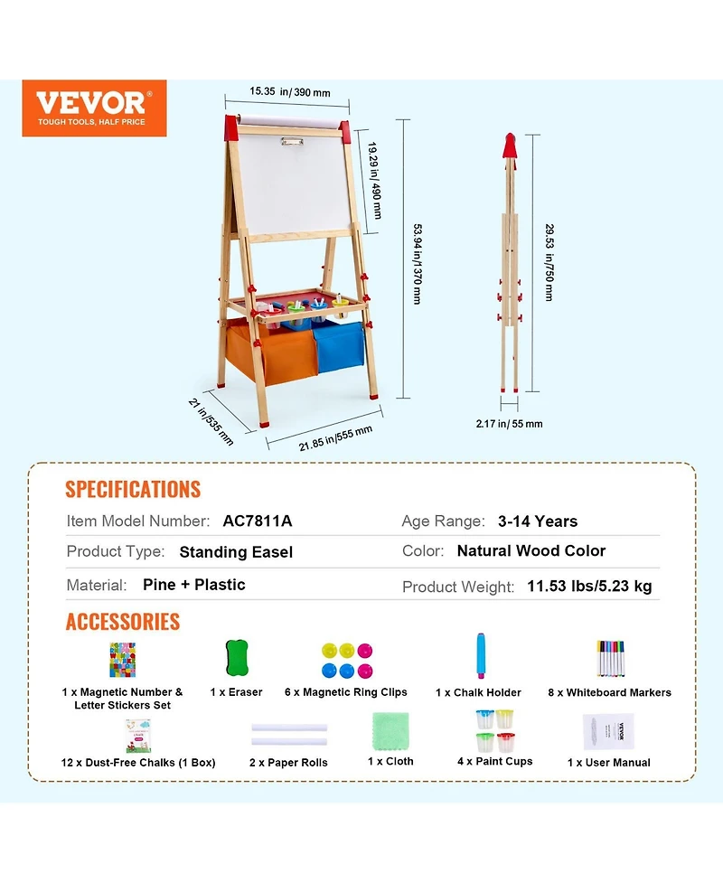 Mecale Kids Art Easel, 3-in-1 Wooden Double-Sided Easel with Whiteboard, Chalkboard, Paper Roll and Accessories