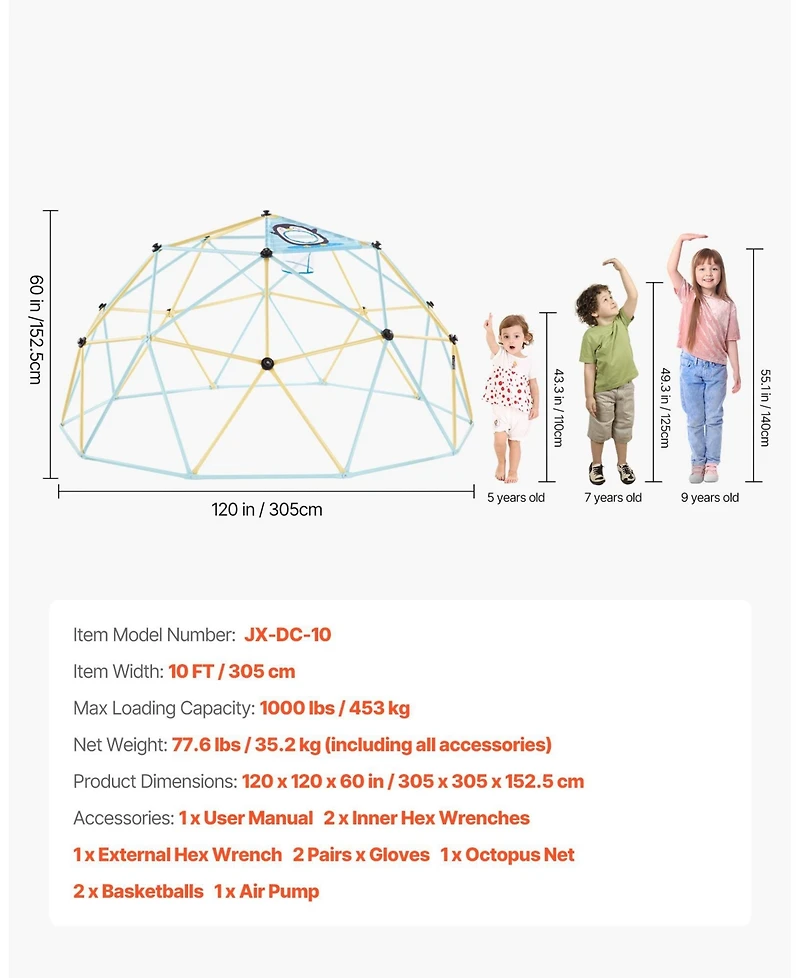 Mecale Climbing Dome, 10 ft Geometric Dome Climber with 2 Basketballs and Octopus Net, 1000 lb Capacity for Kids Ages 3–10