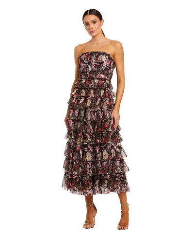 Mac Duggal Women's Strapless Micro Ruffle A Line Midi Dress