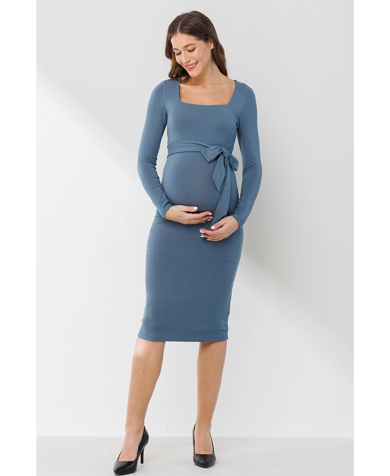 Hello Miz Maternity Tie Waist Square Neck Long Sleeve Dress