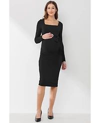 Hello Miz Maternity Tie Waist Square Neck Long Sleeve Dress