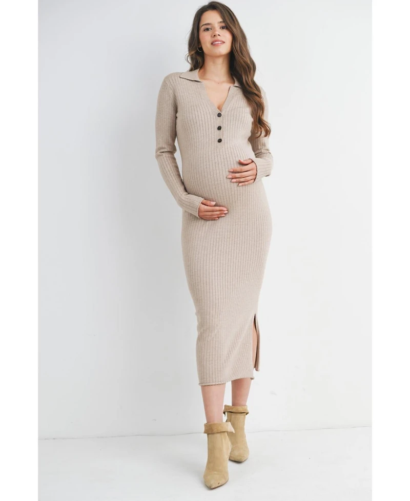Hello Miz Maternity Long Sleeve Ribbed Collared V Neck Nursing Dress